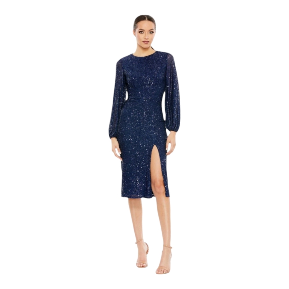 Ieena Mac Duggal Sequined Puff Sleeve High Neck Dress Midnight Style 42018